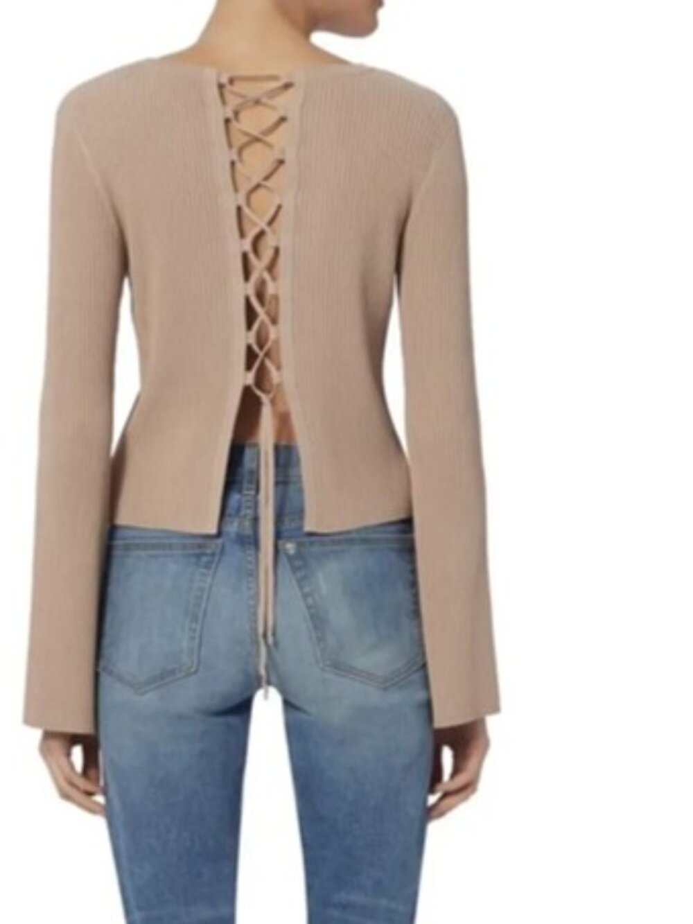Intermix Taupe Long Sleeve Ribbed Knit Lace-Up Back Lightweight Sweater Size Med